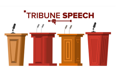 Tribune Set Vector. Podium Rostrum Stand With Microphones. Business Presentation Or Conference, Debate Speech. Flat Cartoon Illustration