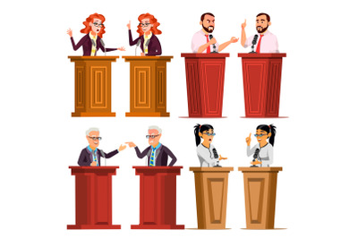 Speaker Set Vector. Man, Woman Giving Public Speech. Businessman, Politician. Debates. Presentation. Isolated Flat Cartoon Character Illustration