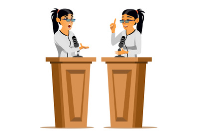 Speaker Woman Vector. Business Woman, Politician Giving Speech. Rostrum. Candidate. Isolated Flat Cartoon Character Illustration