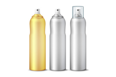 Spray Can Vector. Clean 3D Bottle Can Spray. Branding Design. Deodorant With Lid And Without. Isolated Illustration