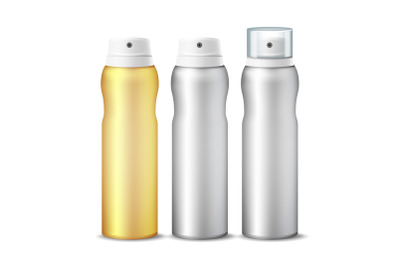Realistic Cosmetic Spray Can Vector. Aluminium Can Template Blank. Different Deodorant Types. 3D packaging. Isolated Illustration