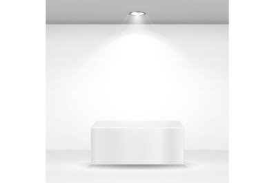 White Square Podium, Stand, Pedestal Or Platform. Empty White Interior Background. Vector Illustration.