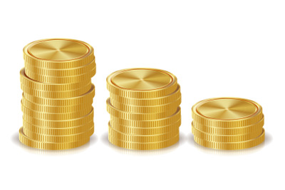 Gold Coins Stacks Vector. Golden Finance Icons, Sign, Success Banking Cash Symbol. Investment Concept. Realistic Currency Isolated Illustration