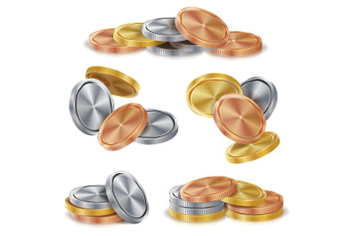 Gold, Silver, Bronze, Copper Coins Stacks Vector. Realistic Isolated Illustration