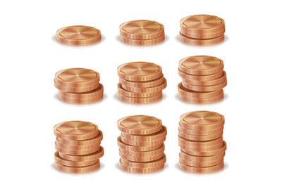 Bronze, Copper Coins Stacks Vector. Silver Finance Icons, Sign, Success Banking Cash Symbol. Realistic Isolated Illustration