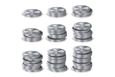 Silver Coins Stacks Vector. Silver Finance Icons, Sign, Success Banking Cash Symbol. Investment Concept. Realistic Currency Isolated Illustration