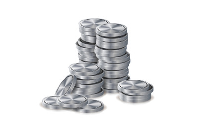 Silver Coins Stacks Vector. Silver Finance Icons, Sign, Success Banking Cash Symbol. Realistic Isolated Illustration