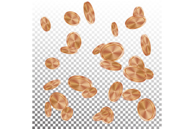 Bronze, Copper Coins Rain Vector. Realistic Bronze, Copper Coins Explosion Falling Down. Transparent Background. Symbol Wealth, Profit. Cash Winning Prize Money Concept