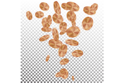 Falling Bronze, Copper Coins Vector. Flying Realistic Bronze, Copper Coins Explosion. Transparent Background. Casino Prize Money Fortune Flow Jackpot.