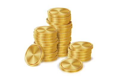 Gold Coins Stacks Vector. Golden Finance Icons, Sign, Success Banking Cash Symbol. Investment Concept. Realistic Currency Isolated Illustration