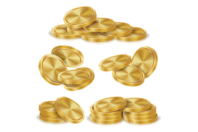 Gold Coins Stacks Vector. Golden Finance Icons, Sign, Success Banking Cash Symbol. Realistic Isolated Illustration