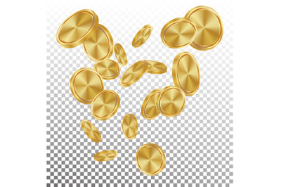 Falling Gold Coins Vector. Flying Realistic Golden Coins Explosion. Transparent Background. Casino Prize Money Fortune Flow Jackpot.