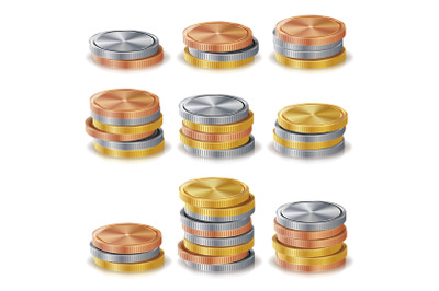 Gold, Silver, Bronze, Copper Coins Stacks Vector. Finance Icons, Sign, Success Banking Cash Symbol. Investment Concept. Realistic Currency Isolated Illustration