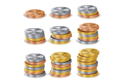 Gold, Silver, Bronze, Copper Coins Stacks Vector. Realistic Isolated Illustration