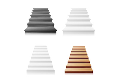 Staircase Vector Set. White, Wooden Dark. 3D Realistic Illustration. Front View Of Clean White Empty Staircase Vector. Business Success Progress Concept. Isolated