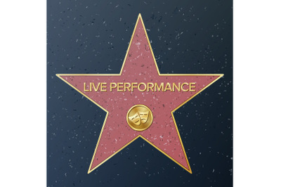 Hollywood Walk Of Fame. Vector Star Illustration. Famous Sidewalk Boulevard. Comedy tragedy Masks Representing Theatre live Performance. Public Monument To Achievement