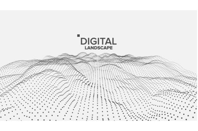 Digital Landscape Vector. Data Technology. Wave Mountain. Tech Surface. Dot Land. Geometric Data. 3D Illustration