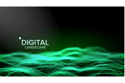 Digital Landscape Vector. Data Technology. Wave Mountain. Tech Surface. Dot Land. Geometric Data. 3D Illustration