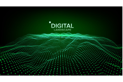 Digital Landscape Vector. Data Technology. Wave Mountain. Tech Surface. Dot Land. Geometric Data. 3D Illustration