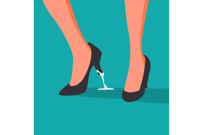 Business Trouble Stuck Vector. Feet. Business Woman Shoe With Chewing Gum. Wrong Step, Decision. Cartoon Illustration