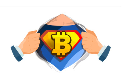 Bitcoin Sign Vector. Superhero Open Shirt With Shield Badge. Mining, Technology For Currency. Isolated Flat Cartoon Comic Illustration