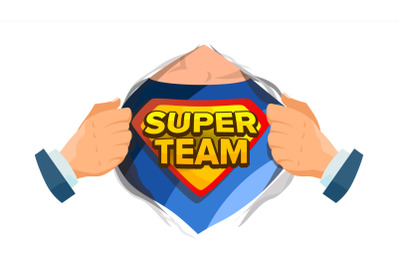 Super Team Sign Vector. Superhero Open Shirt With Shield Badge. Isolated Flat Cartoon Comic Illustration