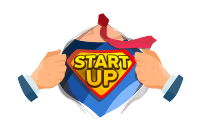 Startup Sign Vector. Superhero Open Shirt With Shield Badge. Business Start Up Sign. Isolated Flat Cartoon Comic Illustration