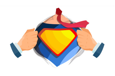 Superhero Sign Vector. Super Hero Open Shirt With Shield Badge. Place For Text. Isolated Flat Cartoon Comic Illustration