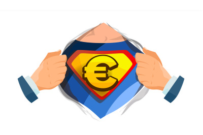 Euro Sign Vector. Superhero Open Shirt With Shield Badge. Isolated Flat Cartoon Comic Illustration