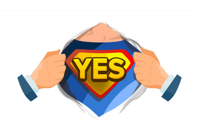 Yes Sign Vector. Superhero Open Shirt With Shield Badge. Isolated Flat Cartoon Comic Illustration