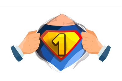 Number One Sign Vector. Superhero Open Shirt With Shield Badge. Isolated Flat Cartoon Comic Illustration