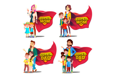 Super Dad, Mom Vector. Mother And Father Like Super Hero With Children. Shield Badge. Isolated Flat Cartoon Illudtration