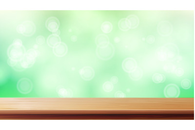 Wood Table Top Vector. Blur Spring Green Background. Empty Smooth Wooden Deck Table. Blurred Warm Bokeh Background. For Advertising Your Product On Display.