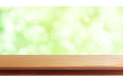 Wood Table Top Vector. Abstract Morning Sunlight. Close Up Top Wooden Table. Abstract Lights On Gold Bokeh Blurred Background. For Product Montage Display.