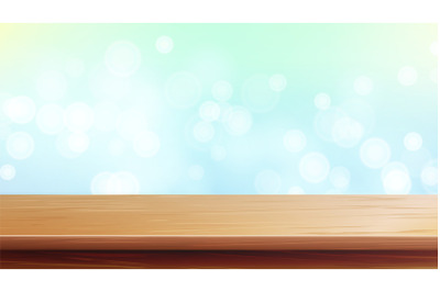 Wood Table Top Vector. Abstract Morning Sunlight. Bokeh Background With Vintage Filter. Blurred Warm Bokeh Background For Advertising Your Product On Display.