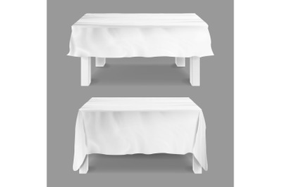 Table With Tablecloth Set Vector. Empty Rectangular Tables With White Tablecloth. Isolated On Gray Illustration