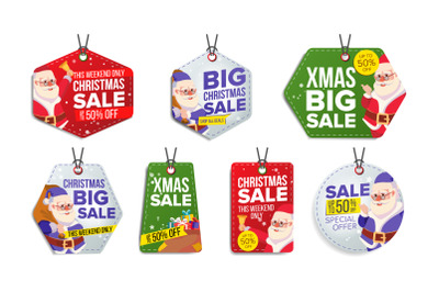 New Year Sale Tags Vector. Colorful Shopping Discounts Stickers. Santa Claus. Discount Concept. Season Christmas Sale Red, Green, Blue Banners. Promotion Illustration