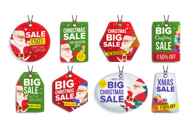 Christmas Sale Tags Vector. Flat Christmas Special Offer Stickers. Santa Claus. 50 Off Text. Hanging Red, Green, Blue Banners With Half Price. Modern Illustration