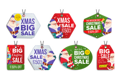 Christmas Theme Sale Tags Vector. Snowflakes Flat. Paper Hanging Stickers. Santa Claus. Holiday Discount Hanging Banners For Holiday Discount Promotion. Winter Illustration