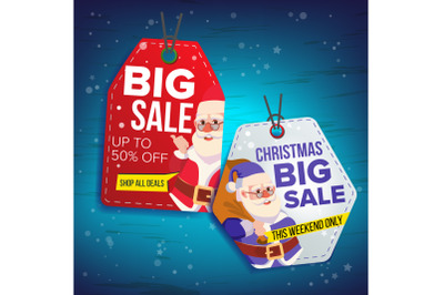 Christmas Sale Tags Vector. Flat Christmas Special Offer Stickers. Santa Claus. 50 Off Text. Hanging Sale Banners With Half Price. Modern Illustration