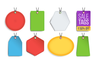 Sale Tags Blank Vector. Color Empty Shopping Discounts Stickers. Template Discount Hanging Banners Set. Promotion Illustration