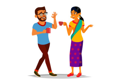 Talking Indian Man And Woman Vector. Laughing Friends, Office Colleagues. Communicating Hindu. Business Person. Talk Of Couple Or Friends. Situation. Meeting. Isolated Flat Cartoon Illustration