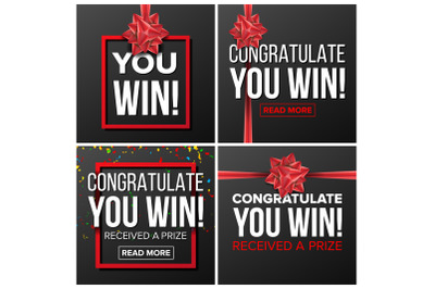 You Win Banner Set Vector. Festive Sign. Realistic Red Satin Bow. Lottery&2C; Surprise&2C; Prize Winner&2C; Concept. Congratulations Gift Card. Illustration