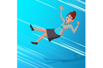 Business Woman Falling Down Vector. Finance Mistate, Business Bankruptcy, Work Crisis. Failure. Fall To The Bottom. Accident. Falling Character Cartoon Illustration