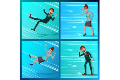 Business Person Go Against Wind, Falling Down Vector. Against Obstacles. Opposite Direction. Opponent, Finance Mistate, Business Bankruptcy, Work Crisis. Failure. Office Worker Cartoon Illustration