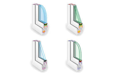 Plastic Window Frame Profile Set. Energy Efficient Window Cross Section. Two And Three Transparent Glass. Vector Illustration