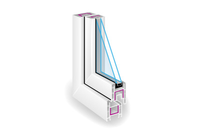 Plastic Profile Frame Window. Two Transparent Glass. Sectional View. Vector Illustration