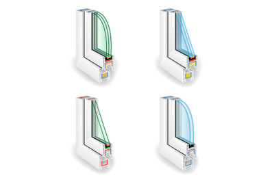 Plastic Window Frame Profile. Structure Corner Window. Two And Three Transparent Glass. Vector Illustration