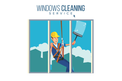 Window Washer Worker Vector. Man Cleaning Window Squeegee Spray. Window Washer Is Cleaning High Building. Cartoon Character Illustration