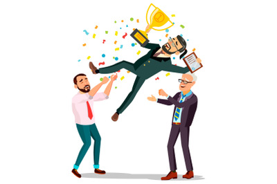 Winner Businessman Vector. Throwing Colleague Up. Colleague Celebrating Goal Achievement. Holding Golden Cup. Champion Number One. Flat Cartoon Illustration